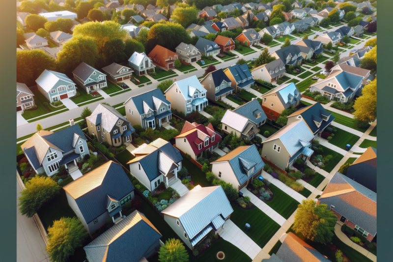 Aerial view of an Indiana neighborhood, highlighting homes with shiny metal roofs among traditional shingle roofs.