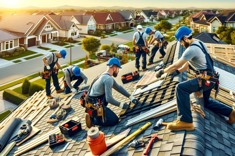 A team of professional roofers repairing a residential roof, equipped with safety gear and tools, working on shingles and flashing under clear skies in a suburban neighborhood.